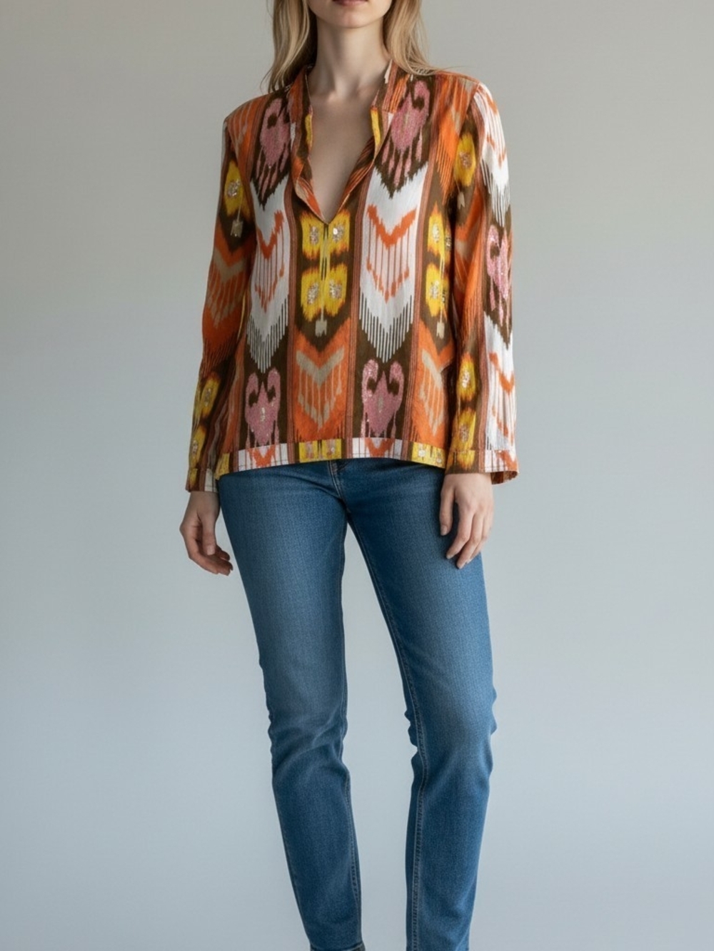 Tory Burch Women’s Orange Patterned V-Neck Long-Sleeve Top